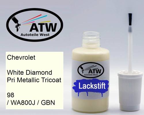 Chevrolet, White Diamond Pri Metallic Tricoat, 98 / WA800J / GBN: 20ml Lackstift, von ATW Autoteile West.